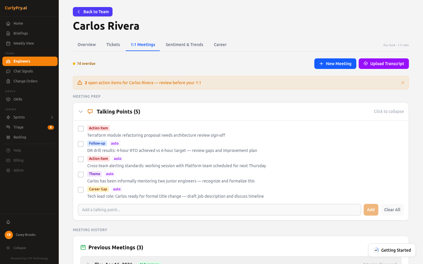 1:1 meeting prep with AI-generated talking points