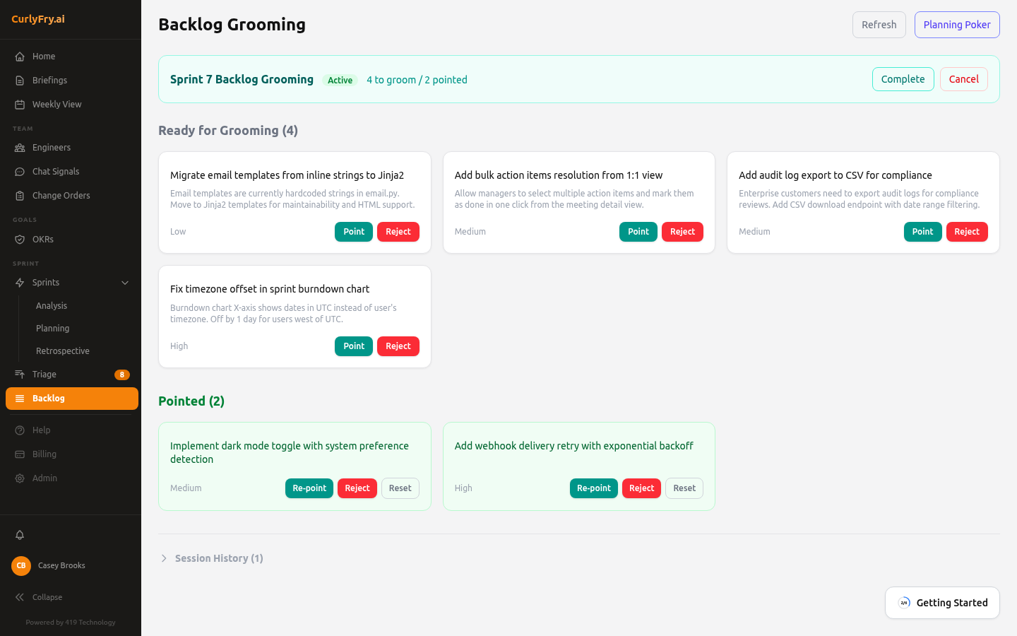 Backlog grooming session with story pointing