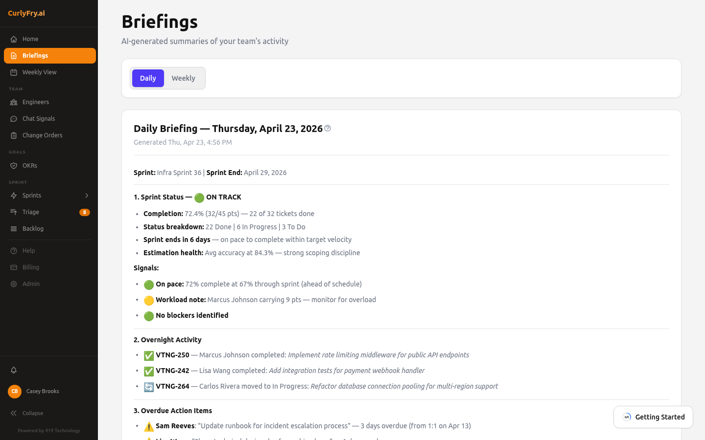 Morning briefing with sprint status and action items